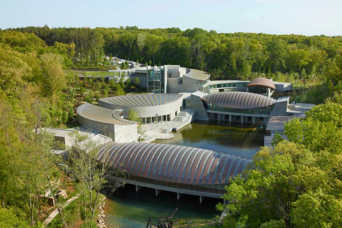 An aerial view of Crystal Bridges Art Museum  - photo links to itinerary