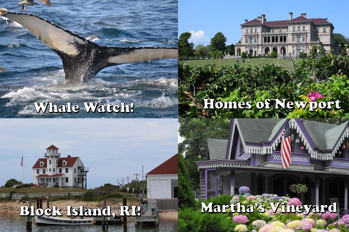 collage of a Whale tail, Mansion, Coast Guard Station and Cottage  - photo links to itinerary
